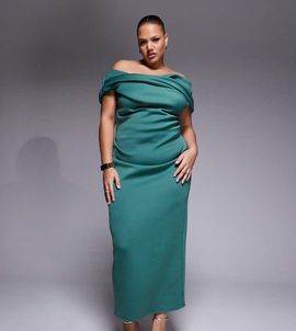 ASOS Curve ASOS DESIGN Curve bardot midi dress with split in teal scuba-style fabric-Blue
