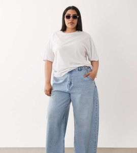 ASOS Curve ASOS DESIGN Curve barrel leg jeans with adjustable waist in lightwash-Blue