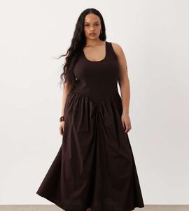 ASOS Curve ASOS DESIGN Curve basque waist midi dress with woven skirt-Brown
