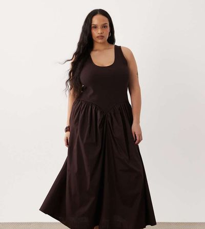 ASOS Curve ASOS DESIGN Curve basque waist midi dress with woven skirt-Brown