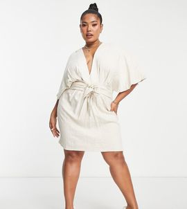 ASOS Curve ASOS DESIGN Curve batwing tie front linen mini dress in natural-Neutral