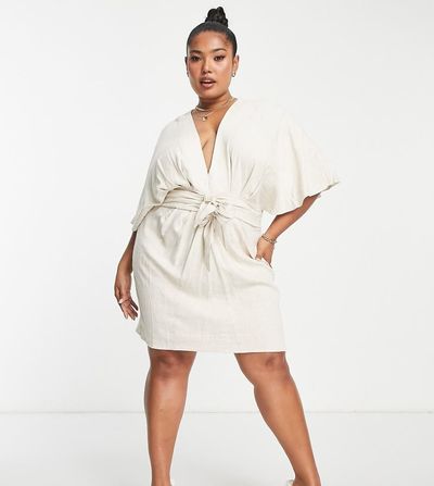 ASOS Curve ASOS DESIGN Curve batwing tie front linen mini dress in natural-Neutral