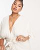 ASOS Curve ASOS DESIGN Curve batwing tie front linen mini dress in natural-Neutral - 3