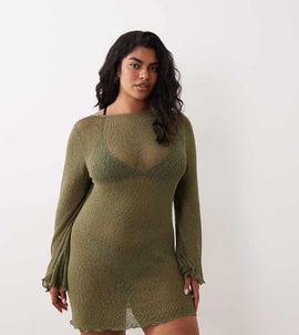 ASOS Curve ASOS DESIGN Curve beach knit boucle scoop back mini dress in khaki-Green