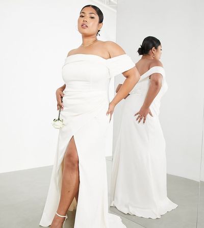 ASOS Curve ASOS DESIGN Curve Beatrice bardot drape wedding dress-White