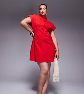 ASOS Curve ASOS DESIGN Curve bengaline high neck mini dress with slit in red-pink
