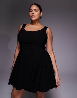 ASOS Curve ASOS DESIGN Curve bengaline scoop neck structured flippy mini dress in black