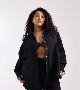 ASOS Curve ASOS DESIGN Curve Biarritz beach textured cotton shirt in black - part of a set