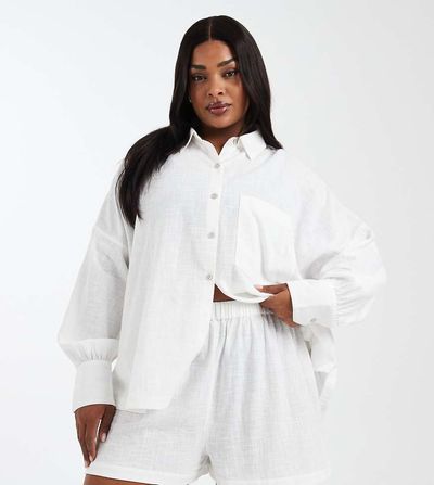 ASOS Curve ASOS DESIGN Curve Biarritz beach textured cotton shorts in black - part of a set-White