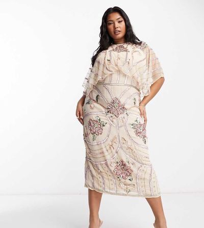 ASOS Curve ASOS DESIGN Curve blouson midi dress with art nouveau embellishment-White