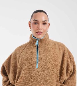 ASOS Curve ASOS DESIGN Curve borg half zip with contrast binding in beige and blue-Neutral