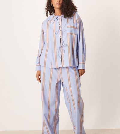 ASOS Curve ASOS DESIGN Curve bow tie up shirt & wide leg pants pajama set in blue & brown stripe-Multi