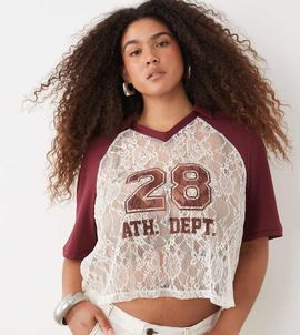 ASOS Curve ASOS DESIGN Curve boxy cropped lace football shirt in burgundy-Red
