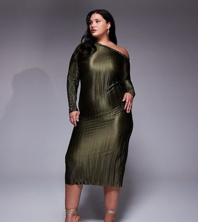 ASOS Curve ASOS DESIGN Curve braided neckline plisse midi dress in khaki green