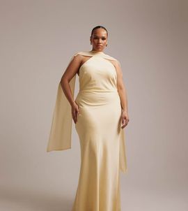 ASOS Curve ASOS DESIGN Curve Bridesmaid halterneck satin maxi dress with scarf detail in lemon-Yellow