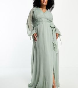 ASOS Curve ASOS DESIGN Curve bridesmaid long sleeve ruched maxi dress with wrap skirt in olive-Green
