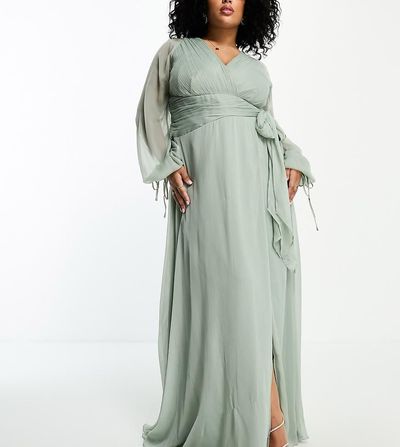 ASOS Curve ASOS DESIGN Curve bridesmaid long sleeve ruched maxi dress with wrap skirt in olive-Green