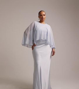ASOS Curve ASOS DESIGN Curve bridesmaids sheer chiffon cape overlay with bias cut satin dress in blue