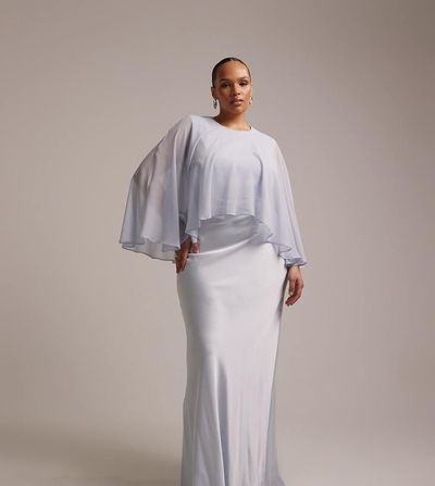ASOS Curve ASOS DESIGN Curve bridesmaids sheer chiffon cape overlay with bias cut satin dress in blue