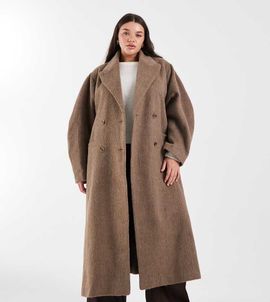 ASOS Curve ASOS DESIGN Curve brushed coat with dome sleeves and skinny belt in mushroom-Brown