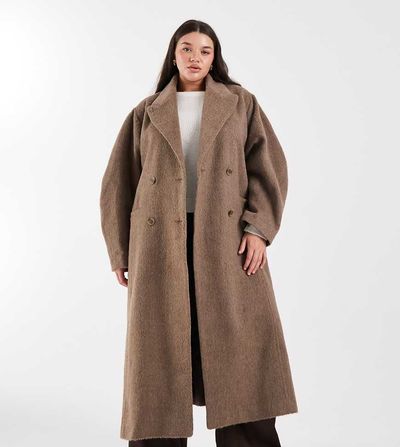 ASOS Curve ASOS DESIGN Curve brushed coat with dome sleeves and skinny belt in mushroom-Brown