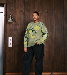 ASOS Curve ASOS DESIGN Curve brushed floral placement sweater in sage-Green