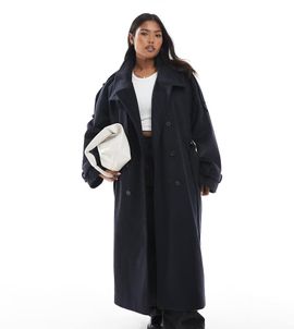ASOS Curve ASOS DESIGN Curve brushed longline funnel neck trench coat in navy