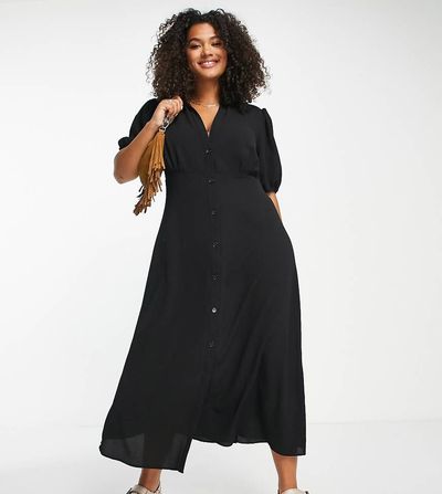 ASOS Curve ASOS DESIGN Curve button front midi shirt tea dress in black
