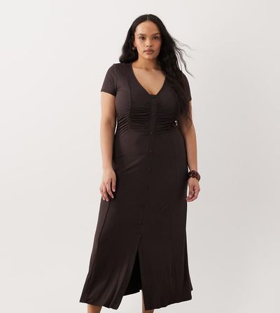 ASOS Curve ASOS DESIGN Curve button front ruched waist tea dress in chocolate-Brown