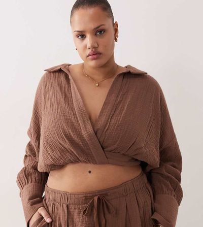 ASOS Curve ASOS DESIGN Curve Callie cheesecloth beach wrap front shirt in mocha - part of a set-Brown