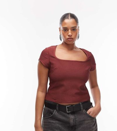 ASOS Curve ASOS DESIGN Curve cap sleeve square neck bandage top in burgundy-Red