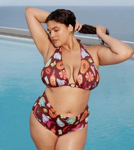 ASOS Curve ASOS DESIGN Curve Celeste high leg high waist bikini bottom in vacation print-Multi