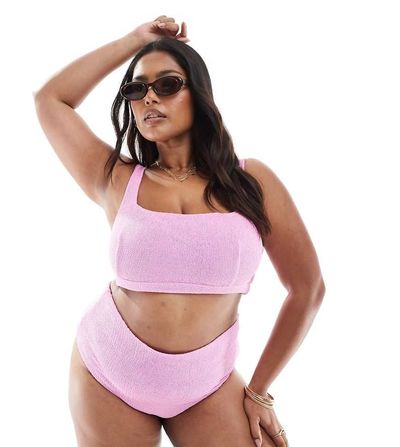 ASOS Curve ASOS DESIGN Curve charlene textured high leg high waist bikini bottom in light pink