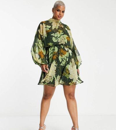 ASOS Curve ASOS DESIGN Curve chiffon mini dress with wrap neck detail-Green