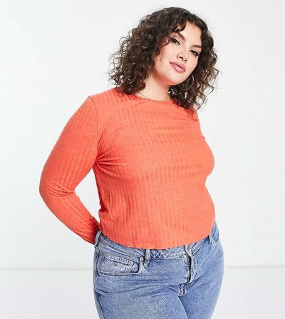 ASOS Curve ASOS DESIGN Curve chunky rib long sleeve top in tomato heather-Red