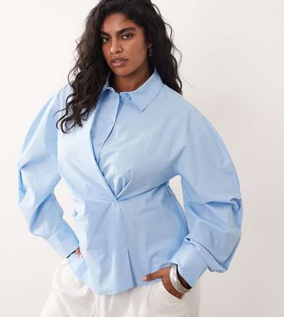 ASOS Curve ASOS DESIGN Curve cinched wrap cocoon sleeve shirt in blue
