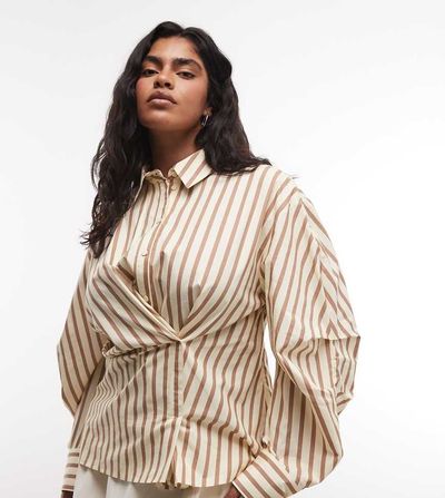 ASOS Curve ASOS DESIGN Curve cinched wrap cocoon sleeve shirt in yellow stripes