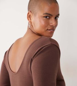 ASOS Curve ASOS DESIGN Curve compact cotton long sleeve top with curved neckline in chocolate-Brown