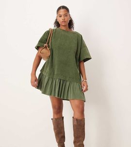 ASOS Curve ASOS DESIGN Curve cord hybrid T-shirt mini dress in washed olive-Green