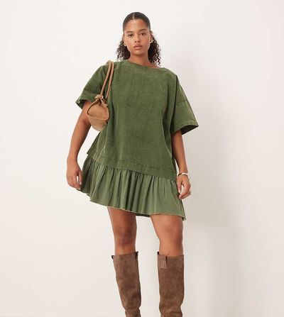ASOS Curve ASOS DESIGN Curve cord hybrid T-shirt mini dress in washed olive-Green