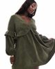 ASOS Curve ASOS DESIGN Curve cord smock mini dress with frill detail in deep olive-Green - 1