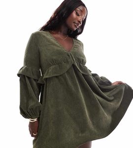 ASOS Curve ASOS DESIGN Curve cord smock mini dress with frill detail in deep olive-Green