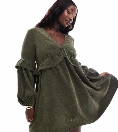 ASOS Curve ASOS DESIGN Curve cord smock mini dress with frill detail in deep olive-Green