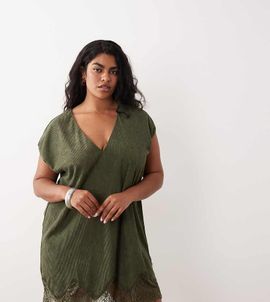 ASOS Curve ASOS DESIGN Curve cord v neck lace trim mini shift dress in washed olive-Green