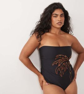 ASOS Curve ASOS DESIGN Curve Cornelia strapless swimsuit with embroidery detailing in monochrome-Multi