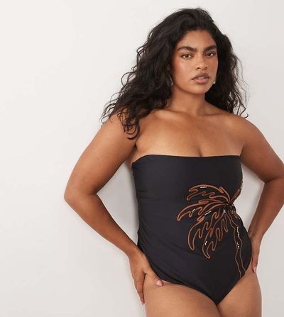 ASOS Curve ASOS DESIGN Curve Cornelia strapless swimsuit with embroidery detailing in monochrome-Multi