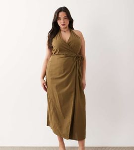 ASOS Curve ASOS DESIGN Curve cotton-linen blend halter neck wrap midaxi sundress in olive-Green