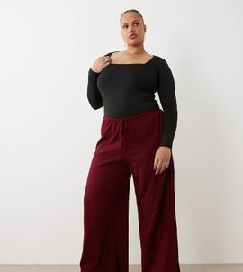 ASOS Curve ASOS DESIGN Curve cotton crinkle wide leg pants in berry-Purple