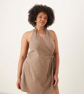 ASOS Curve ASOS DESIGN Curve cotton linen blend halter neck wrap mini sundress in ash brown