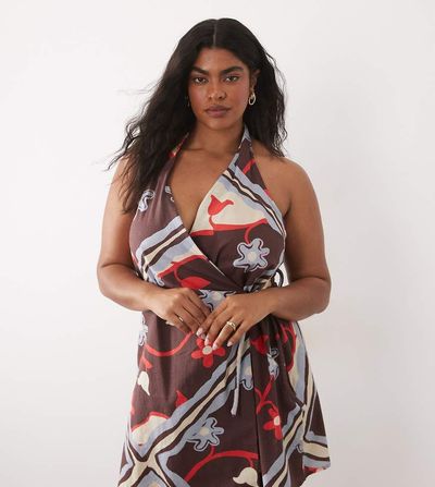 ASOS Curve ASOS DESIGN Curve cotton linen halter neck wrap mini sundress in burgundy scarf print-Multi